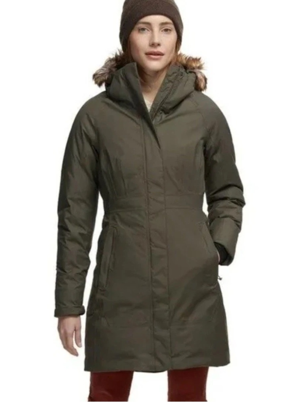 The North Face Womens Olive Hooded Ski Parka with Faux-Fur Trim